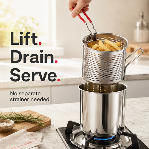 🔥Hot Sale 50% OFF - 🍟 Personal Mini Deep Fryer Set – Stainless Steel Pot with Lift-Out Draining Basket & Food Tongs