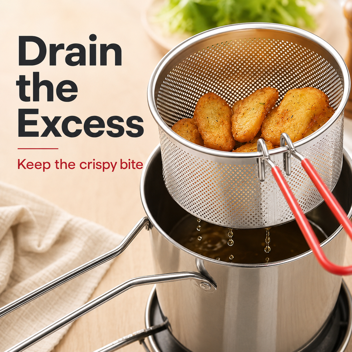 🔥Hot Sale 50% OFF - 🍟 Personal Mini Deep Fryer Set – Stainless Steel Pot with Lift-Out Draining Basket & Food Tongs