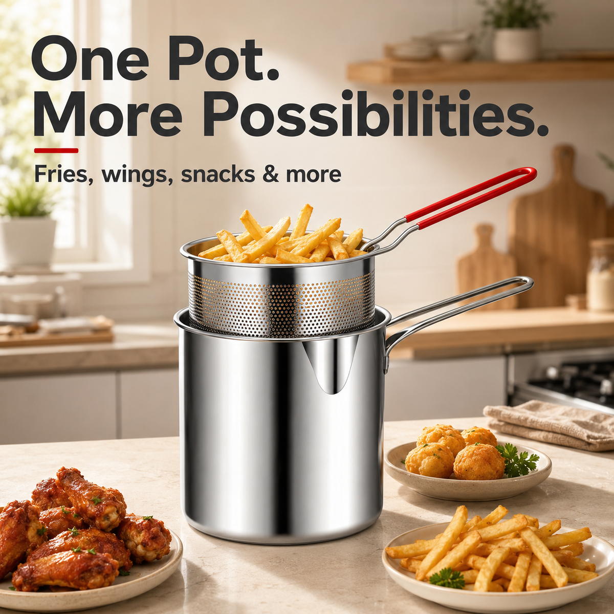 🔥Hot Sale 50% OFF - 🍟 Personal Mini Deep Fryer Set – Stainless Steel Pot with Lift-Out Draining Basket & Food Tongs
