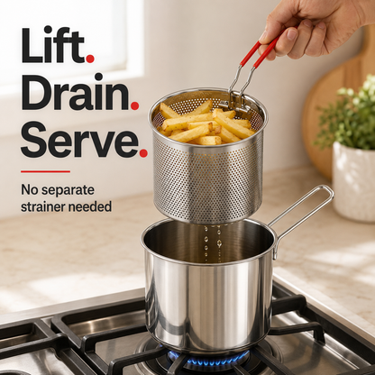 🔥Hot Sale 50% OFF - 🍟 Personal Mini Deep Fryer Set – Stainless Steel Pot with Lift-Out Draining Basket & Food Tongs